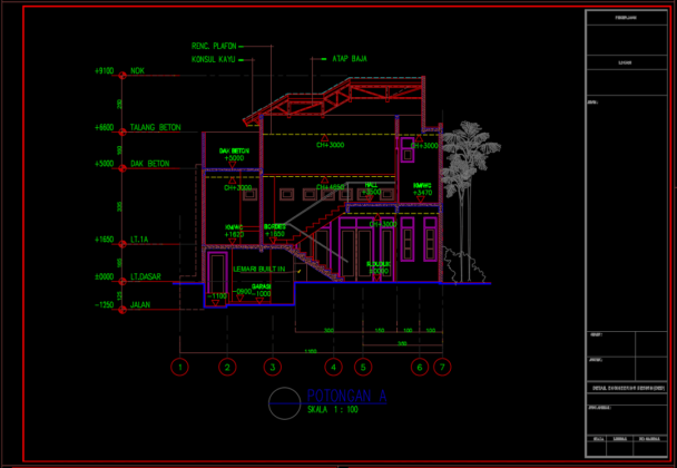 potongan a rumah tinggal 2 lantai 11.60m x 25.65m