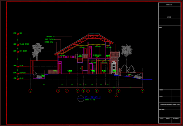 potongan b rumah tinggal 2 lantai 11.60m x 25.65m