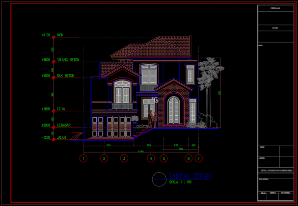 tampak depan rumah tinggal 2 lantai 11.60m x 25.65m