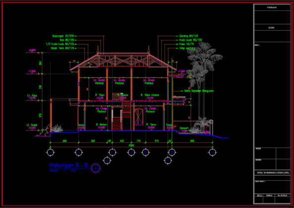 potongan b-b rumah minimalis 2 lantai ukuran 10x20 meter